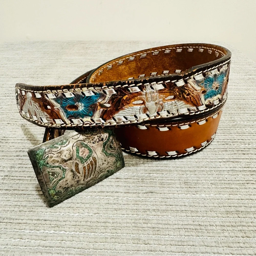 Navajo Sterling Silver Bear Paw Belt Buckle Raymond Begay B Chip Inlay w/ Belt‎